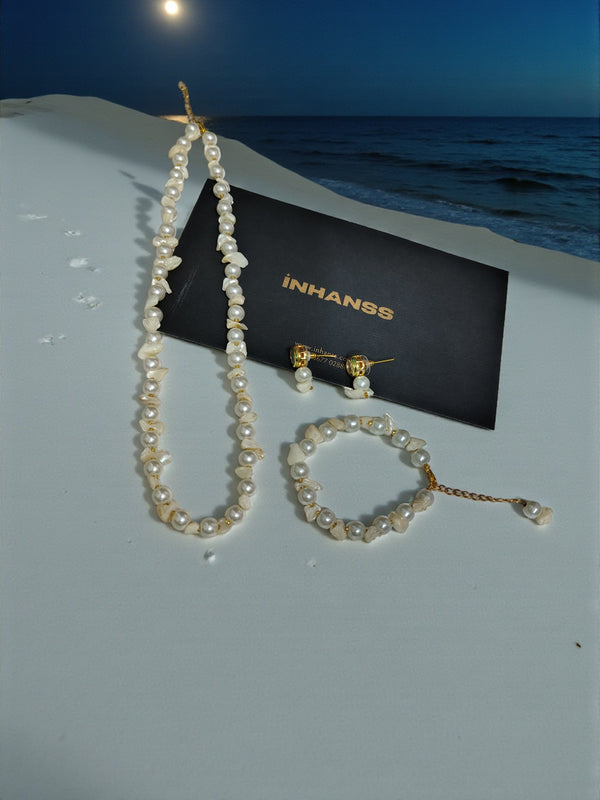 Samudrika – 3-Piece Sea Stone &  Pearl Set (Necklace, Bracelet & Kundan Earrings)