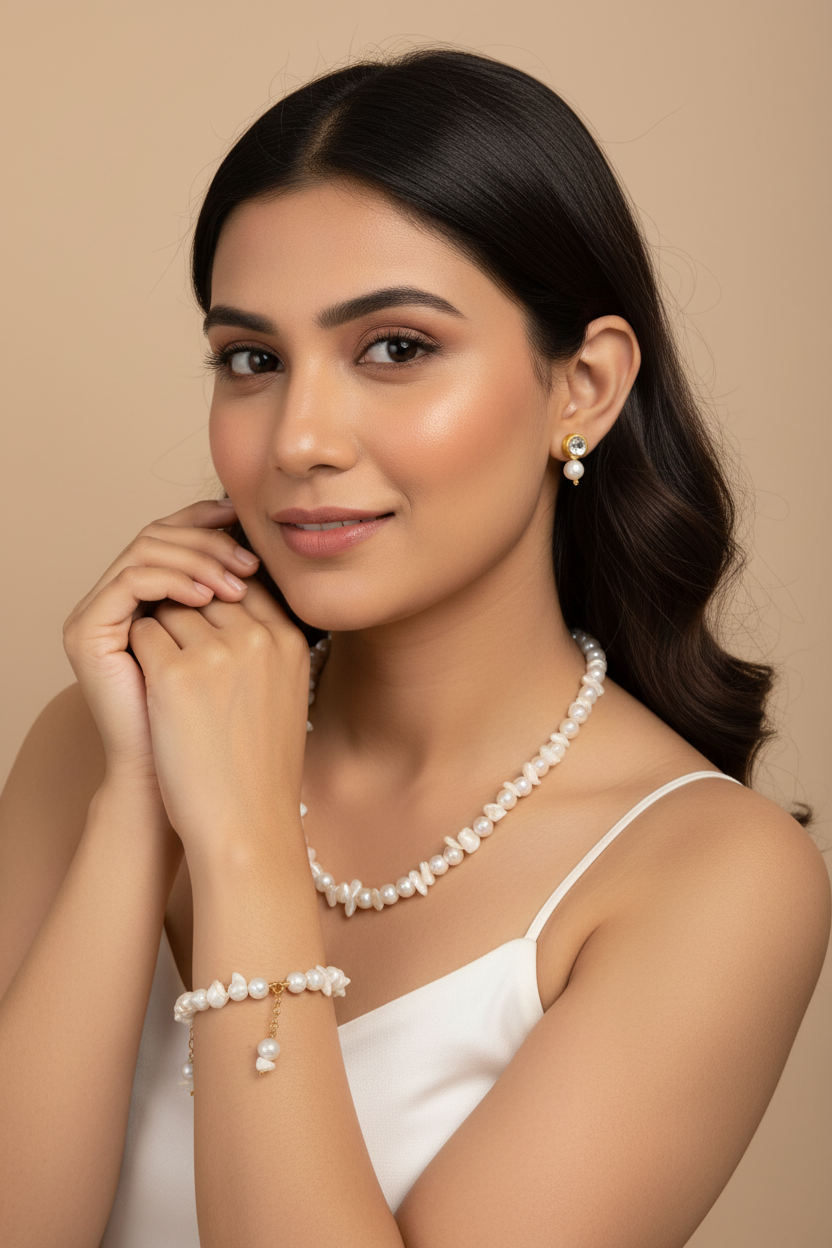 Samudrika – 3-Piece Sea Stone &  Pearl Set (Necklace, Bracelet & Kundan Earrings)