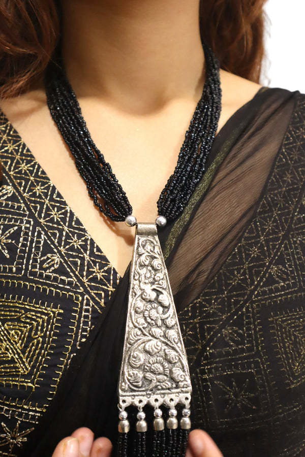 Handmade Tie Shaped Oxidized Black Metal Multi-Layered Long Necklace Set - 9 Colours Available