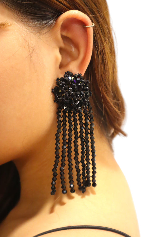 Crystal Waterfall Statement Earrings- Black- Handmade