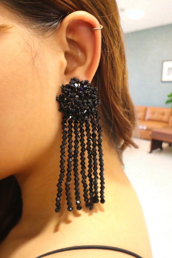 Crystal Waterfall Statement Earrings- Black- Handmade