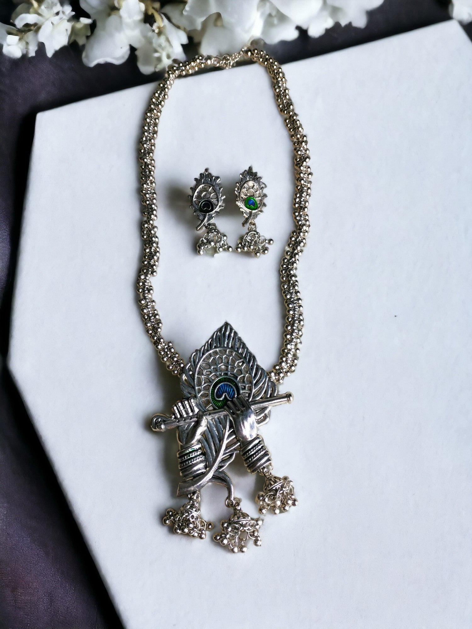 Hand Made Krishna Bansuri Necklace Set With Matching Earrings