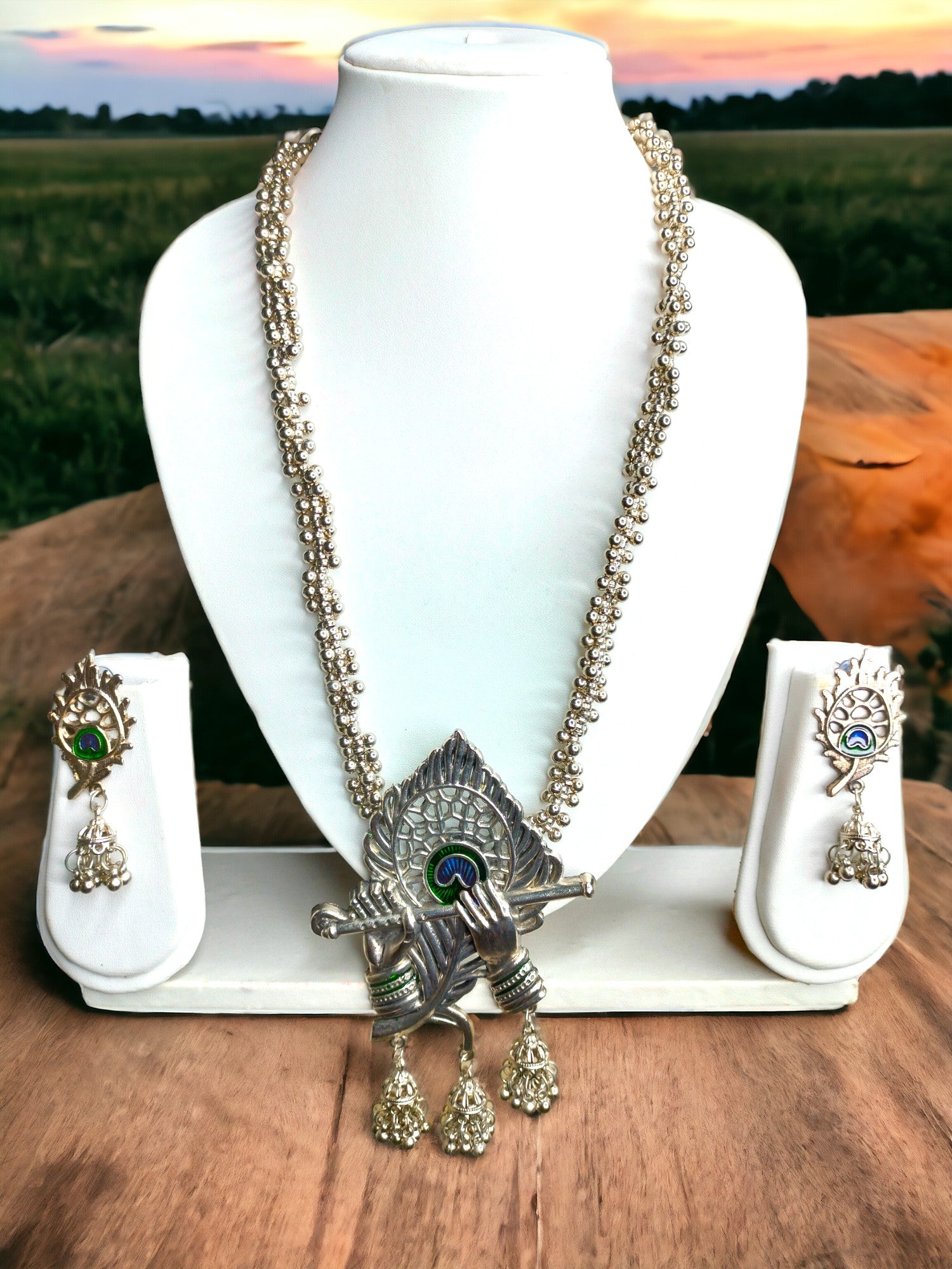 Hand Made Krishna Bansuri Necklace Set With Matching Earrings