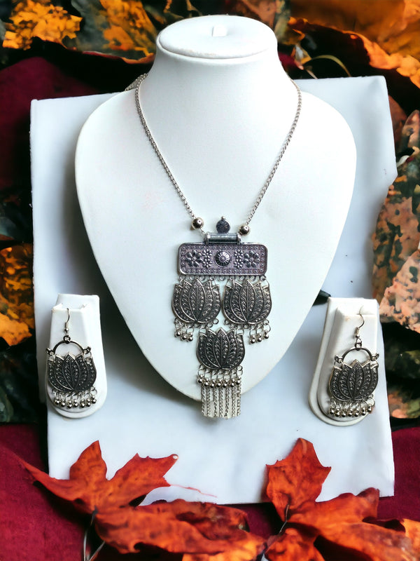 Lotus Noir Elegance Oxidized Set with Matching Earrings