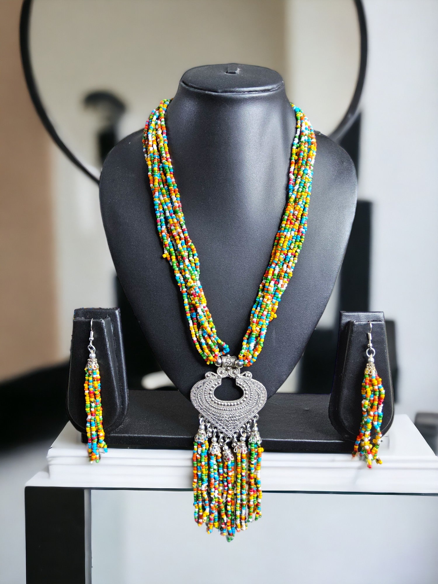 Buy Tribal Bead Necklace with Earrings by tribal artists of India
