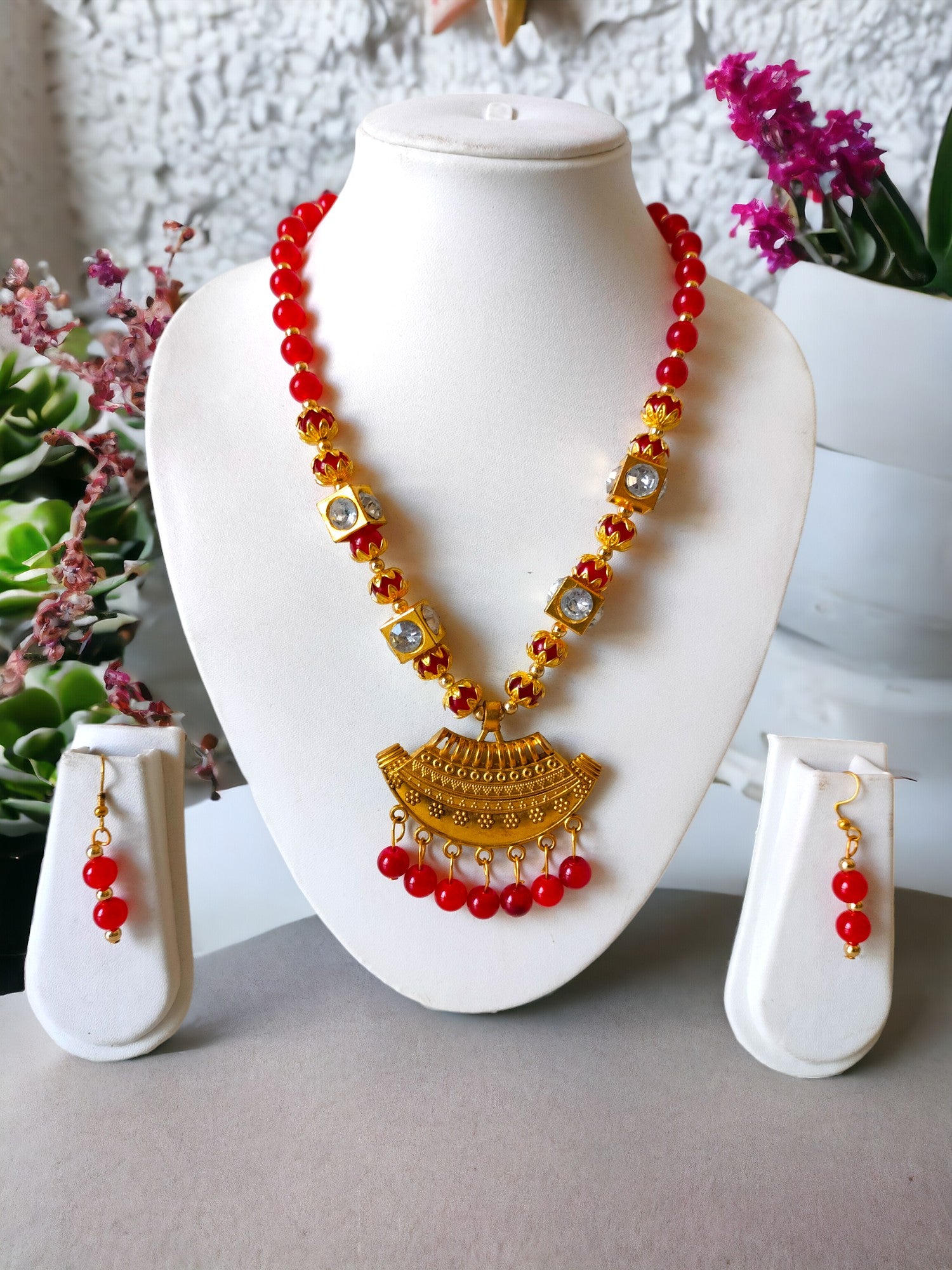 Crimson Regalia Handmade Necklace and Earring  Set