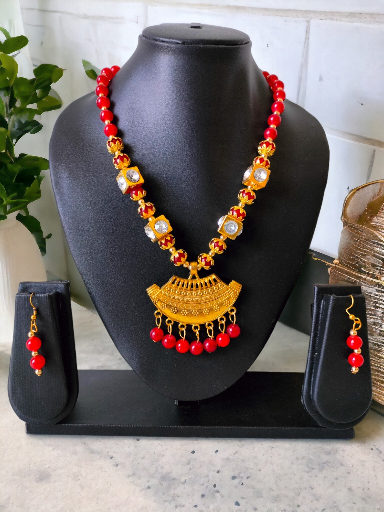 Crimson Regalia Handmade Necklace and Earring  Set