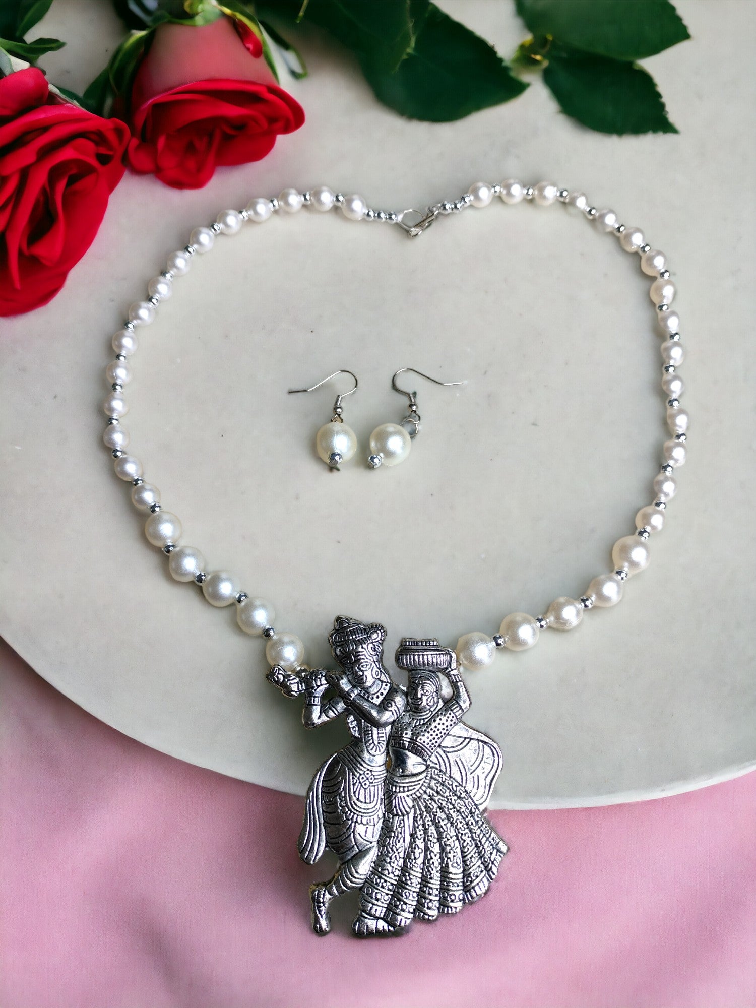 Eternal Dance Radha Krishna Pearl Set with Matching Earrings