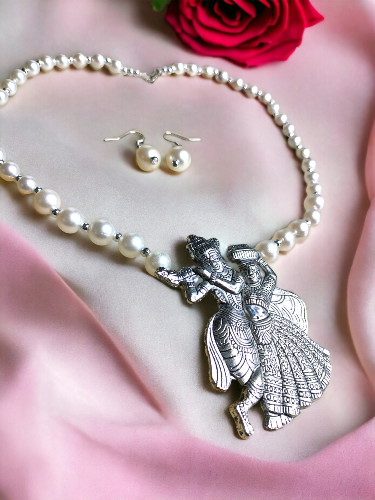 Eternal Dance Radha Krishna Pearl Set with Matching Earrings
