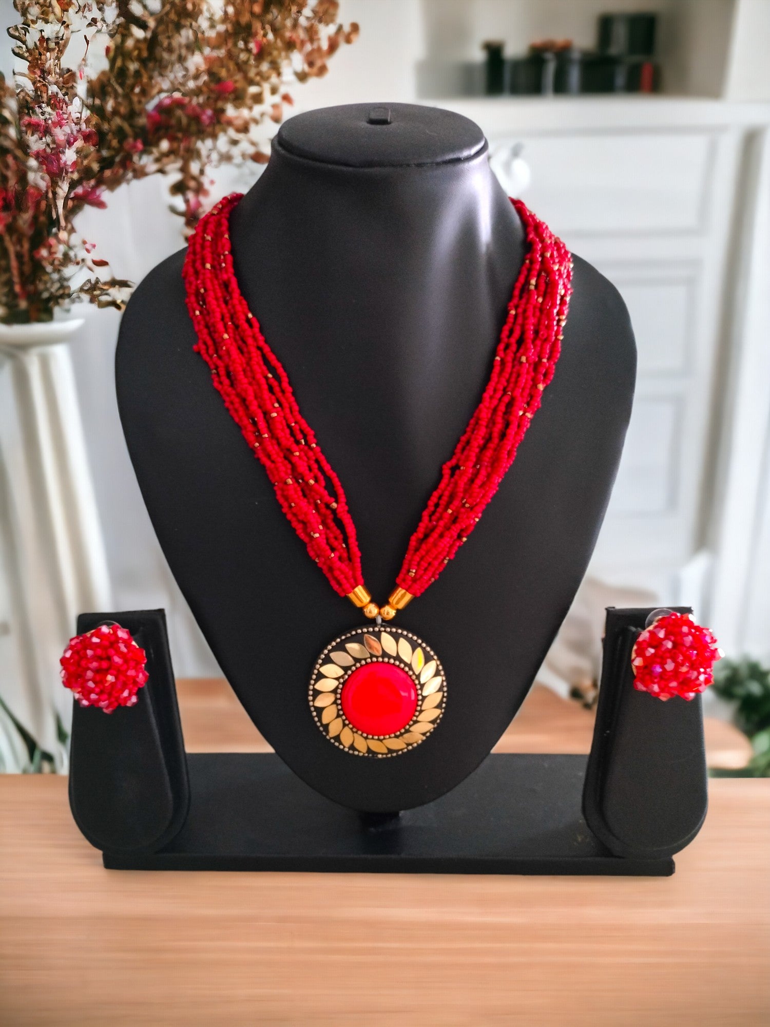 Handmade Multilayered Pendant Beaded Necklace Set With Matching Earrings - 12 Colours Available