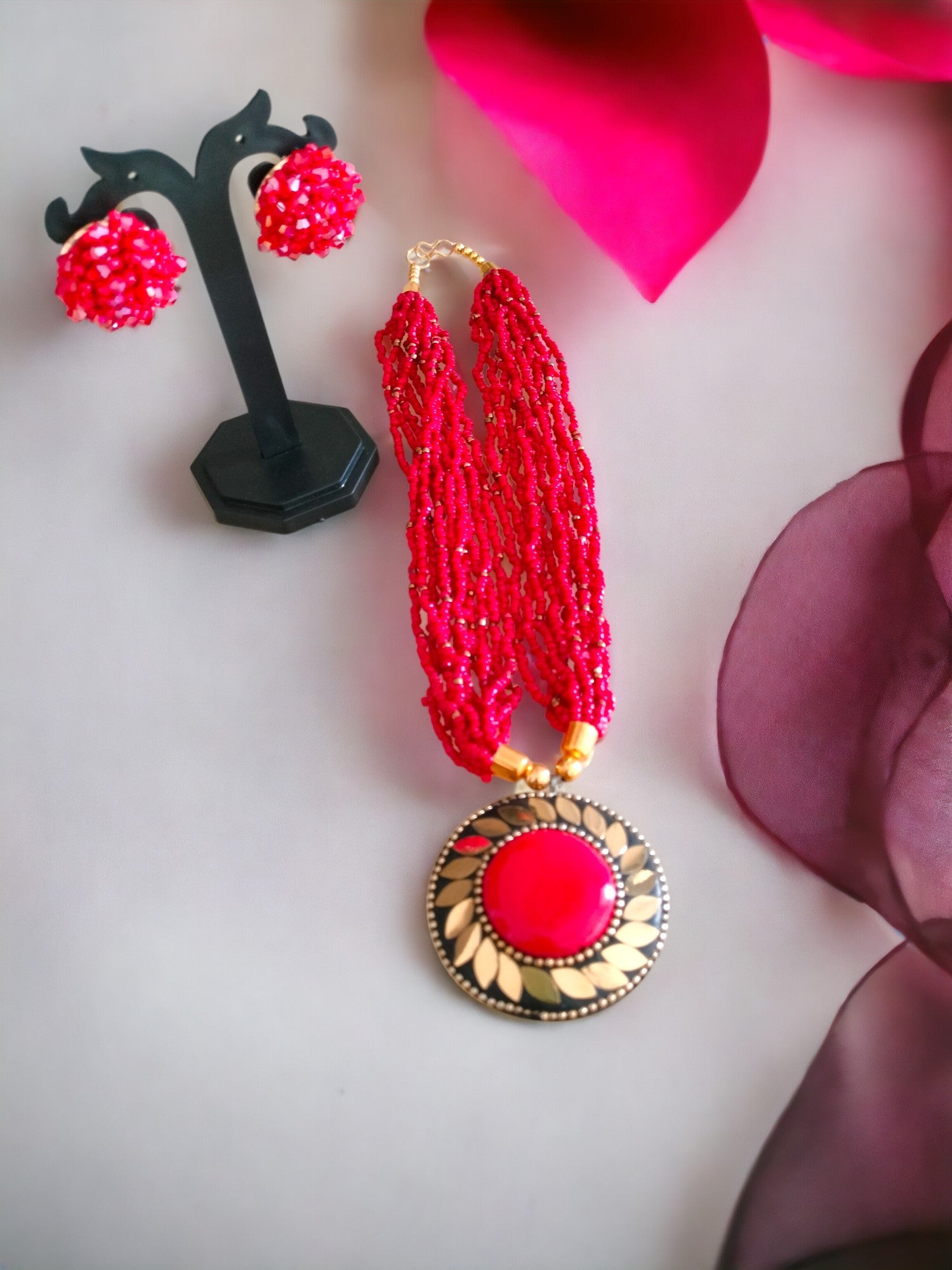 Handmade Multilayered Pendant Beaded Necklace Set With Matching Earrings - 12 Colours Available