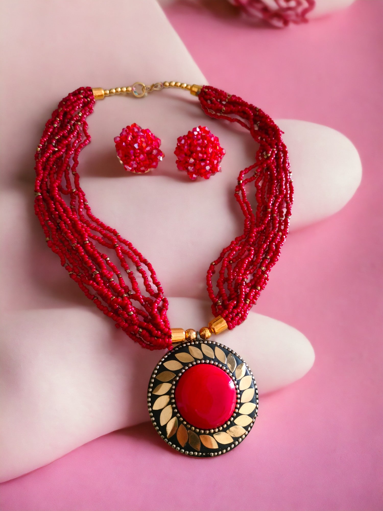 Handmade Multilayered Pendant Beaded Necklace Set With Matching Earrings - 12 Colours Available