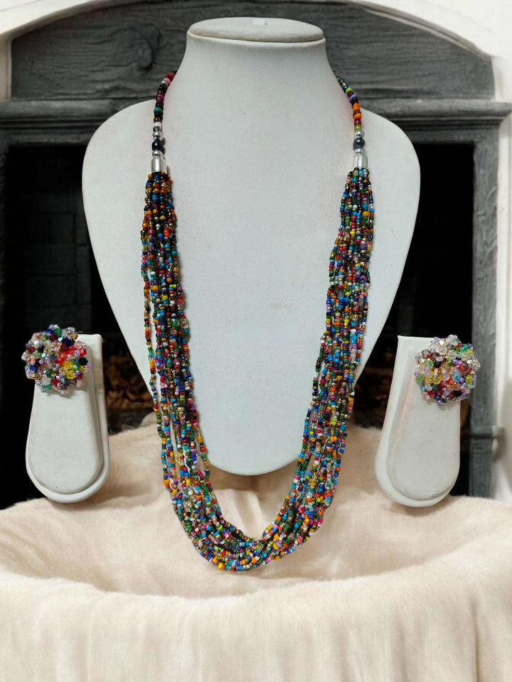 Handmade 12 Layered Long Beaded Necklace & Set - 5 Colours Available