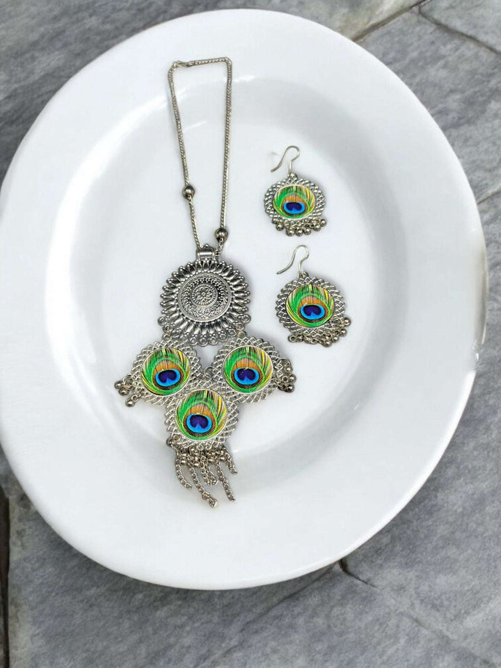 Peacock Charm Handmade Oxidized Necklace Set
