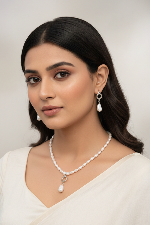 Pearl Drop Charm – Rice Pearl Necklace Set - Handmade