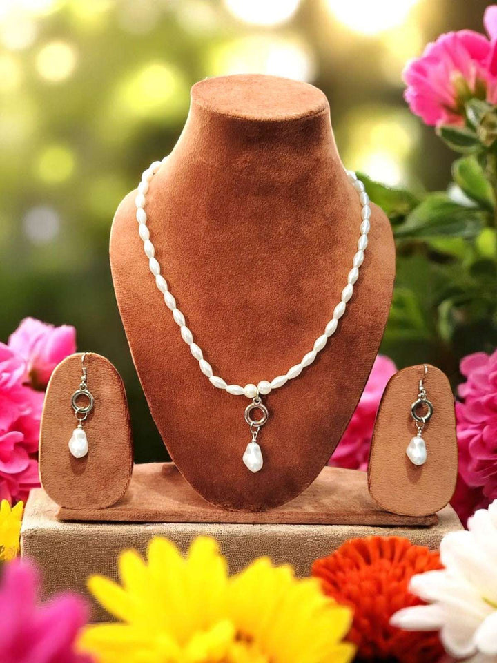 Pearl Drop Charm – Rice Pearl Necklace Set - Handmade
