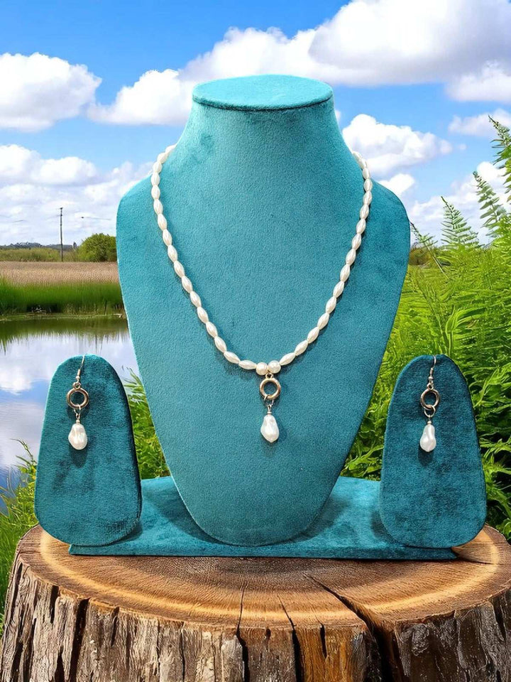 Pearl Drop Charm – Rice Pearl Necklace Set - Handmade