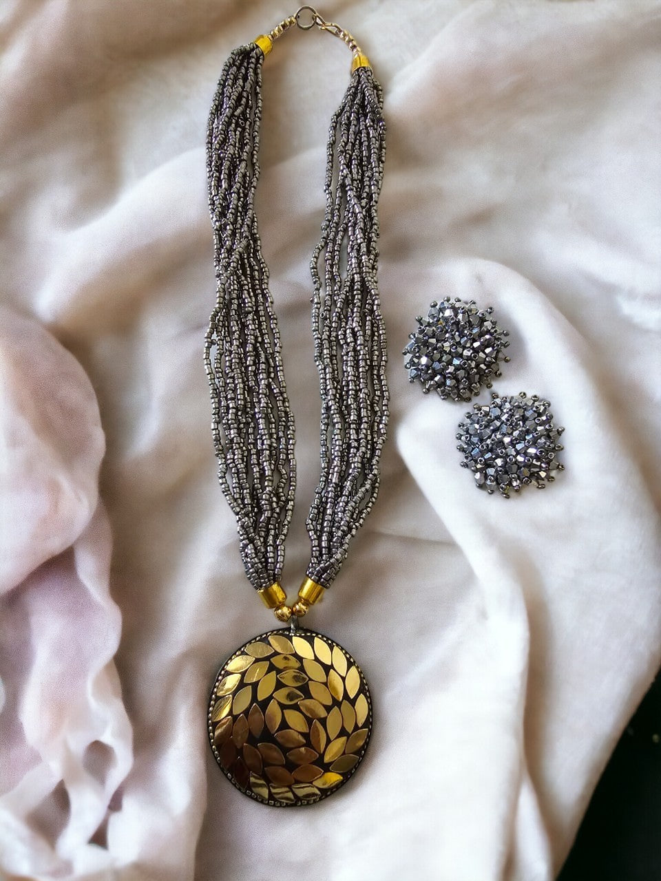 Handmade Multilayered Pendant Beaded Necklace Set With Matching Earrings - 12 Colours Available