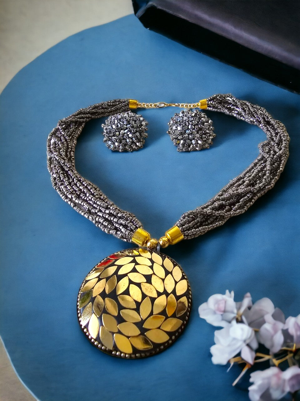 Handmade Multilayered Pendant Beaded Necklace Set With Matching Earrings - 12 Colours Available