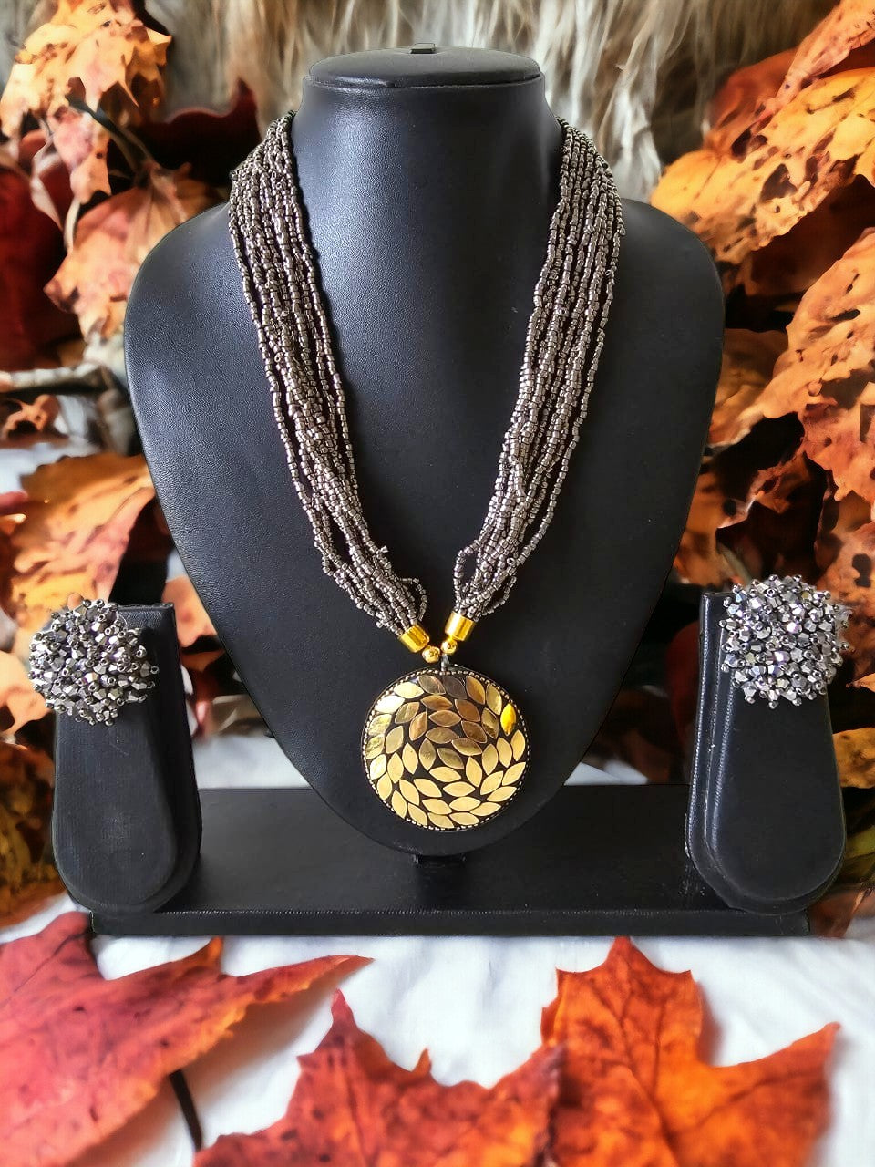 Handmade Multilayered Pendant Beaded Necklace Set With Matching Earrings - 12 Colours Available