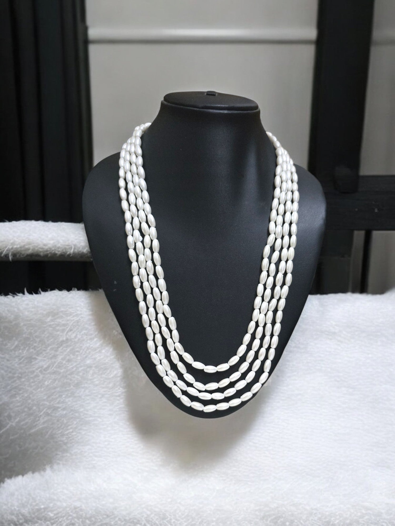 Moonlit Grace Rice Pearl Multi-Layered Necklace With Matching Earrings- Handmade (Off White)