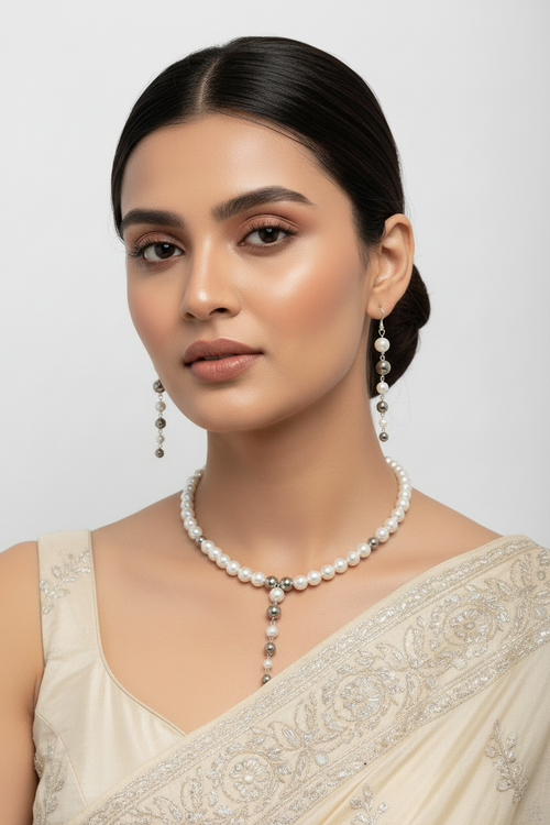 Noor-e-Nazakat- Anti Tarnish Pearl and Beaded Hasli Necklace with Dangler Earrings