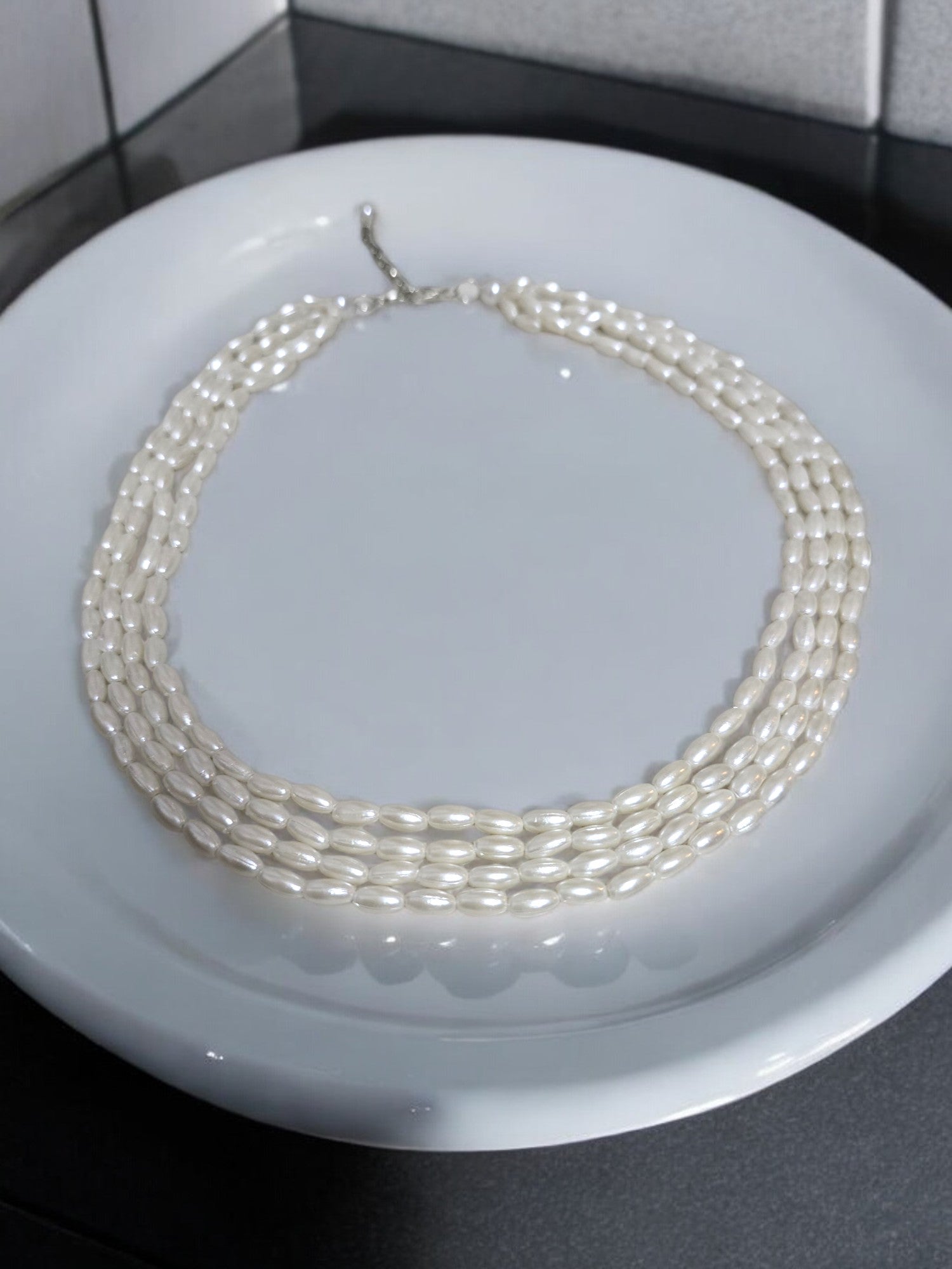 Moonlit Grace Rice Pearl Multi-Layered Necklace With Matching Earrings- Handmade (Off White)