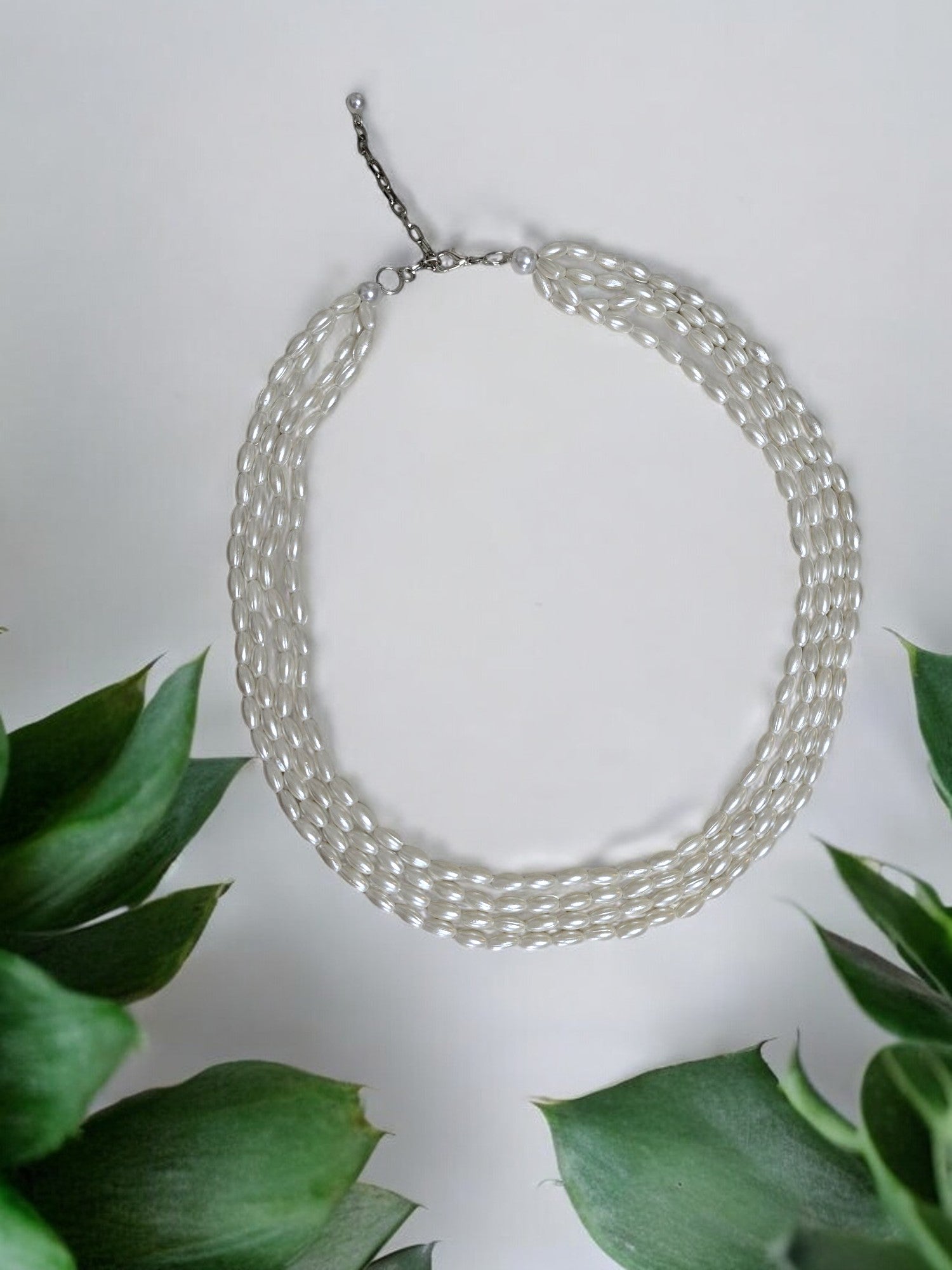 Moonlit Grace Rice Pearl Multi-Layered Necklace With Matching Earrings- Handmade (Off White)