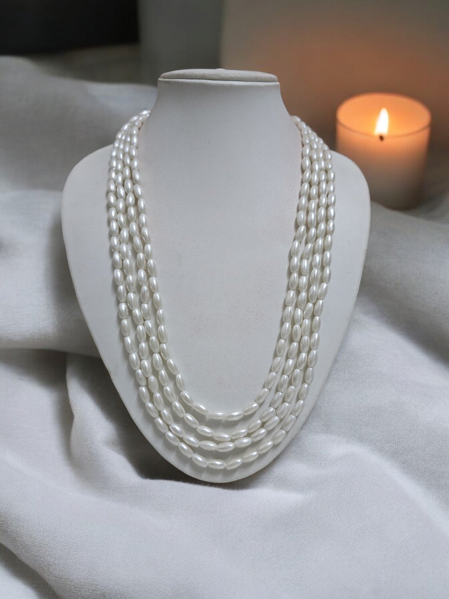 Moonlit Grace Rice Pearl Multi-Layered Necklace With Matching Earrings- Handmade (Off White)