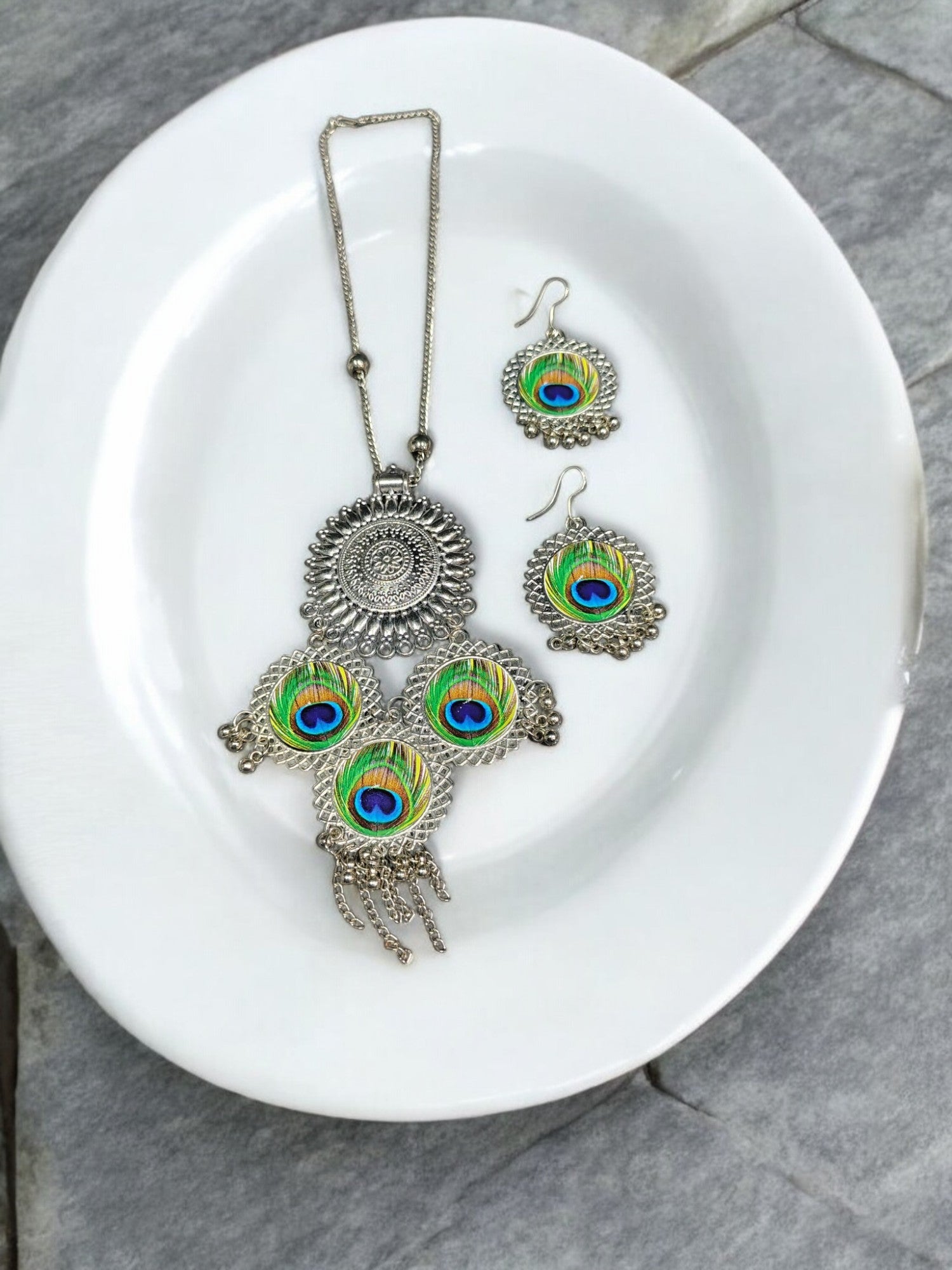 Peacock Charm Handmade Oxidized Necklace Set