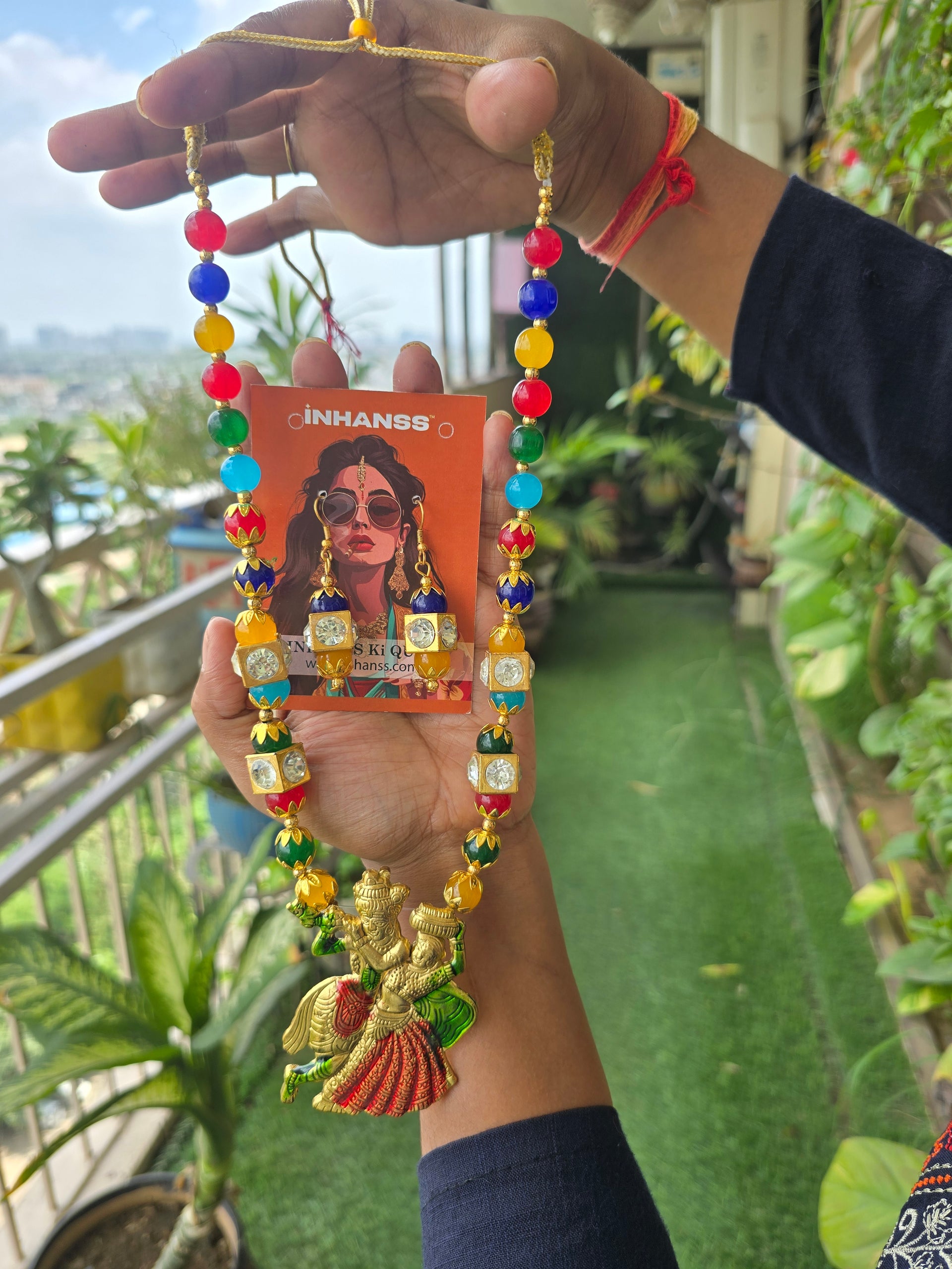 Dancing Radha Krishna Crystal Multicolor Necklace Set Adjustable